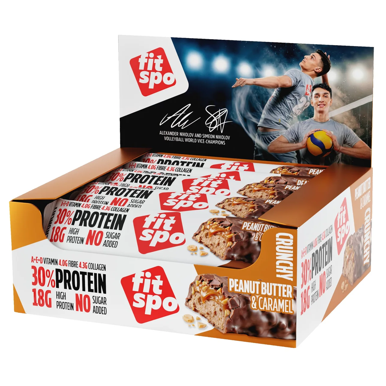 Box of Fitspo protein bars with branding and product images on a white background