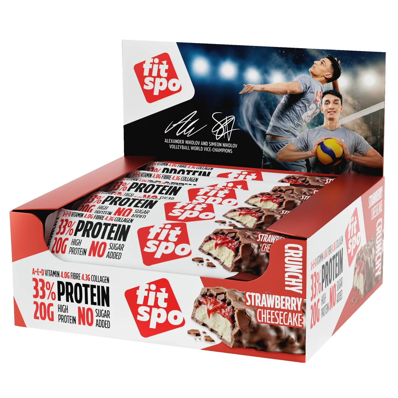 Box of Fit Spo protein bars with promotional images on a white background
